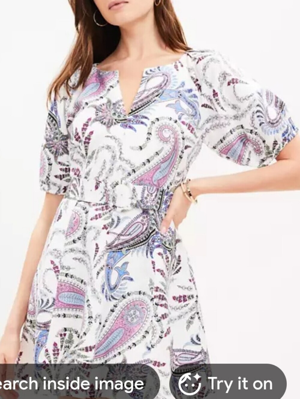 LOFT White Paisley Tie-Waist Linen Blend Mini Dress Size 2{Bx19} - Picture 3 of 15